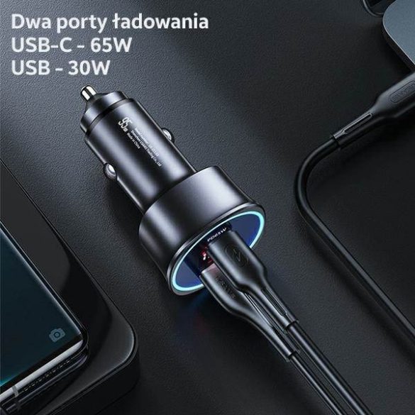 USAMS autós töltő 1xUSB+1xUSB-C C26 95W (csak fej) Gyorstöltés fekete CC146TC01 (US-CC146)