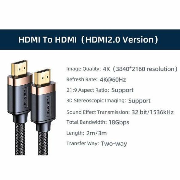 USAMS kábel HDMI - HDMI 2.0 U74 3.0m fekete 4K HD SJ529HD01 (US-SJ529)