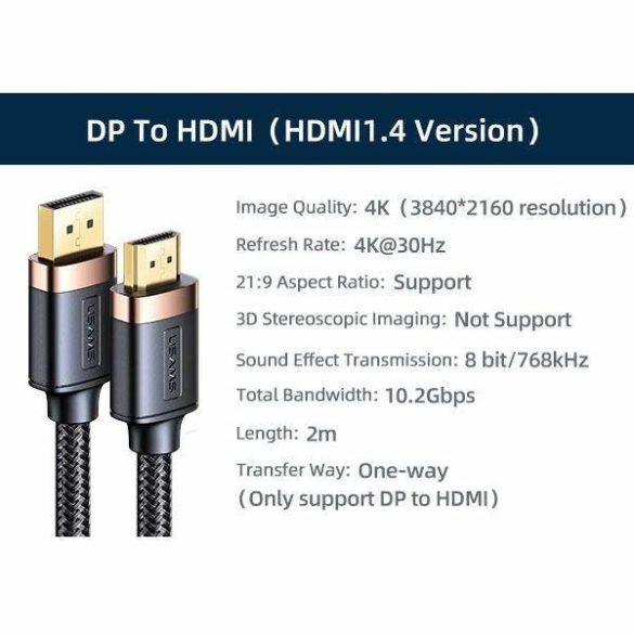 USAMS kábel DP - HDMI U74 2.0m fekete 4K HD SJ530HD01 (US-SJ530)