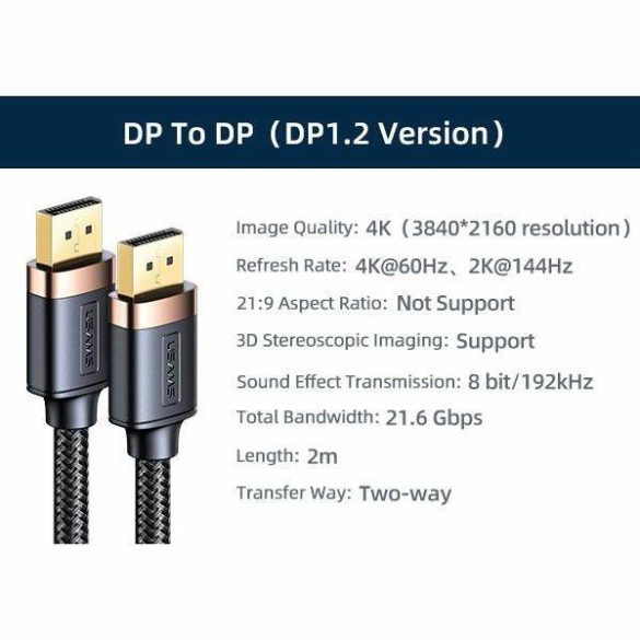 USAMS kábel DP - DP U74 2.0m fekete 4K HD SJ531HD01 (US-SJ531)