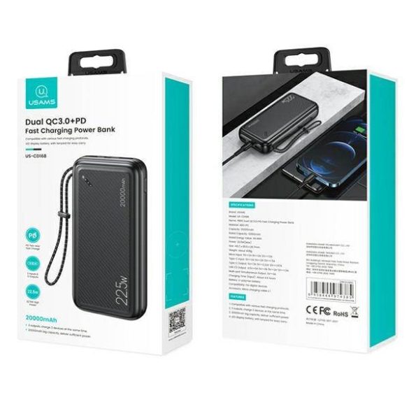 USAMS Powerbank PB60 20000mAh 22.5W 2xQC3.0+PD gyorstöltés fekete 20KCD16801 (US-CD168)