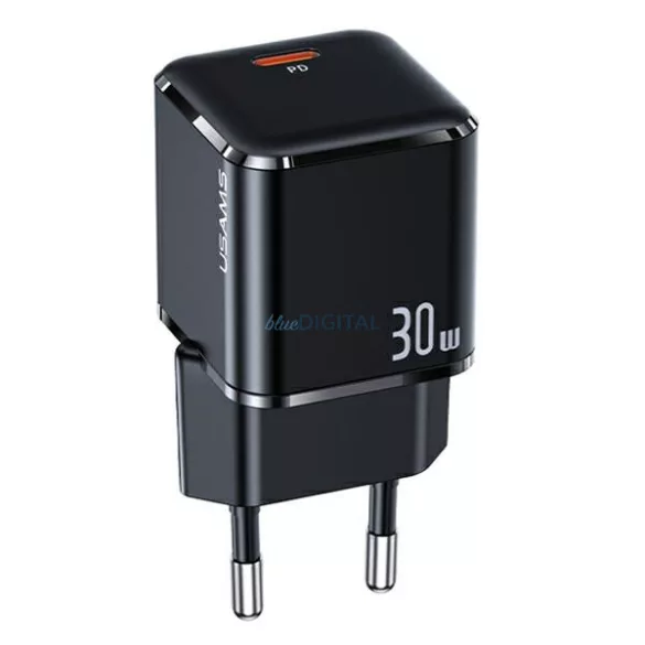 USAMS hálózati töltő 1xUSB-C T45 mini 30 W (csak a fej) PD3.0 gyors töltő fekete CC148TC01 (US-CC148)