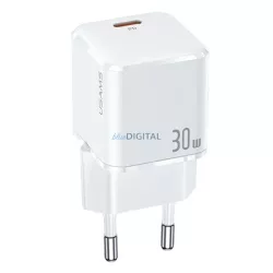   USAMS hálózati töltő 1xUSB-C T45 mini 30 W (csak a fej) PD3.0 gyors töltő fehér CC148TC02 (US-CC148)
