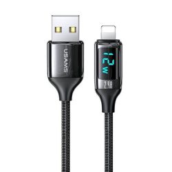   USAMS kábel fonott U78 lightning 1.2m LED 2.4A gyorstöltés fekete SJ543USB01 (US-SJ543)