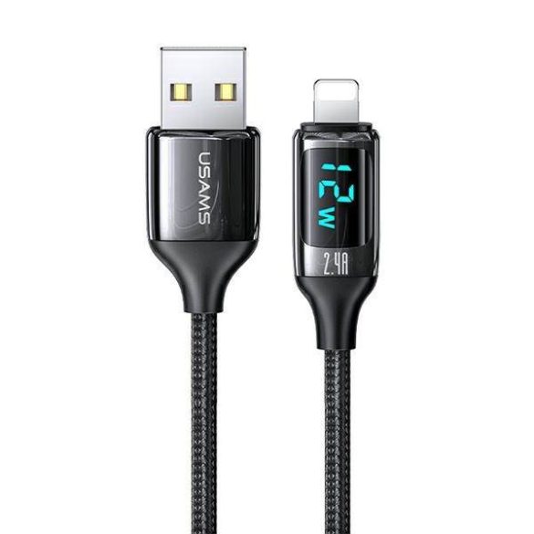 USAMS kábel fonott U78 lightning 1.2m LED 2.4A gyorstöltés fekete SJ543USB01 (US-SJ543)