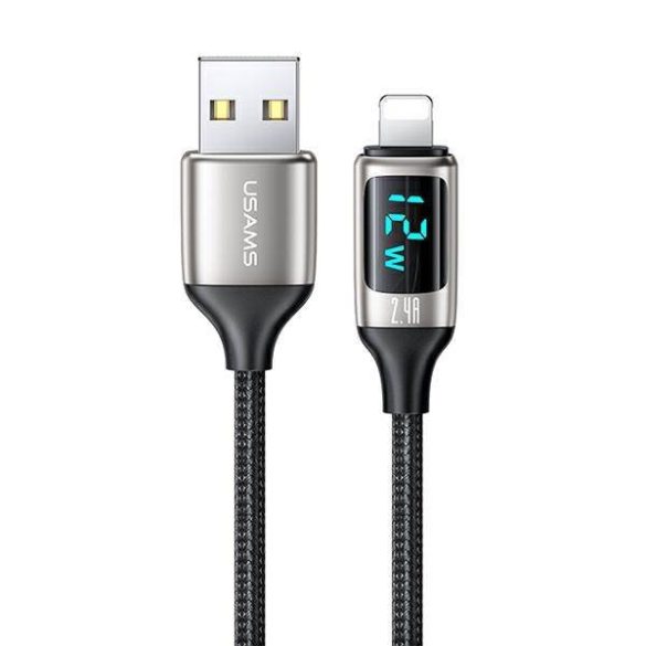 USAMS kábel fonott U78 lightning 1.2m LED 2.4A gyorstöltés ezüst fekete SJ543USB02 (US-SJ543)