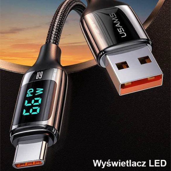 USAMS kábel fonott U78 USB-C 1.2m LED 6A gyorstöltés fekete SJ544USB01 (US-SJ544)