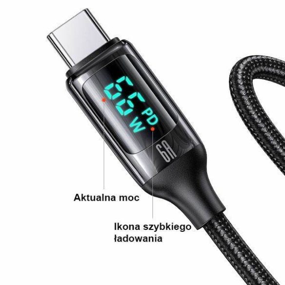 USAMS kábel fonott U78 USB-C 1.2m LED 6A gyorstöltés fekete SJ544USB01 (US-SJ544)