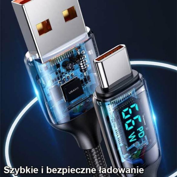 USAMS kábel fonott U78 USB-C 1.2m LED 6A gyorstöltés fekete SJ544USB01 (US-SJ544)