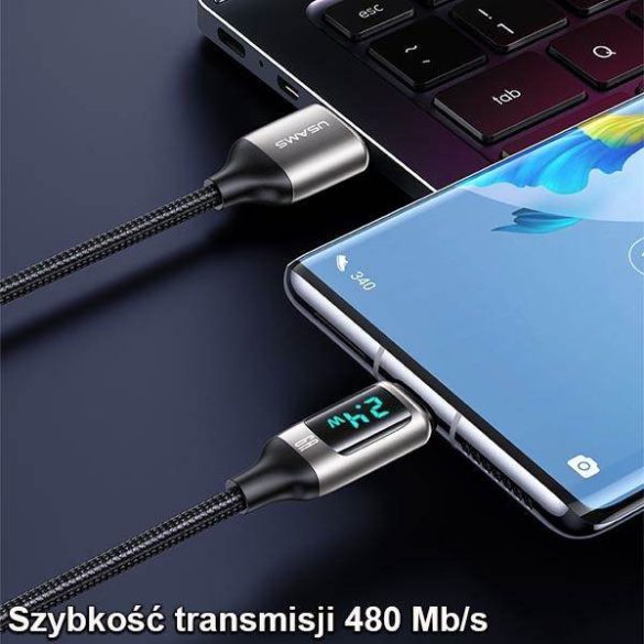 USAMS kábel fonott U78 USB-C 1.2m LED 6A gyorstöltés fekete SJ544USB01 (US-SJ544)