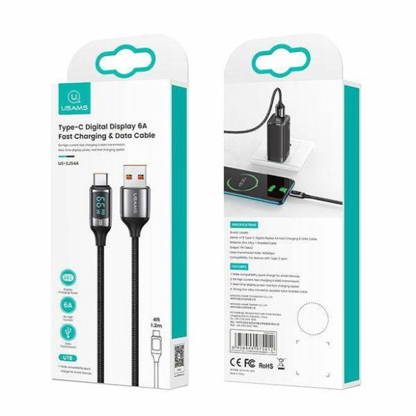 USAMS kábel fonott U78 USB-C 1.2m LED 6A gyorstöltés fekete SJ544USB01 (US-SJ544)