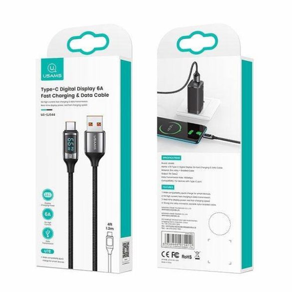 USAMS kábel fonott U78 USB-C 1.2m LED 6A gyorstöltés fehér SJ544USB02 (US-SJ544)