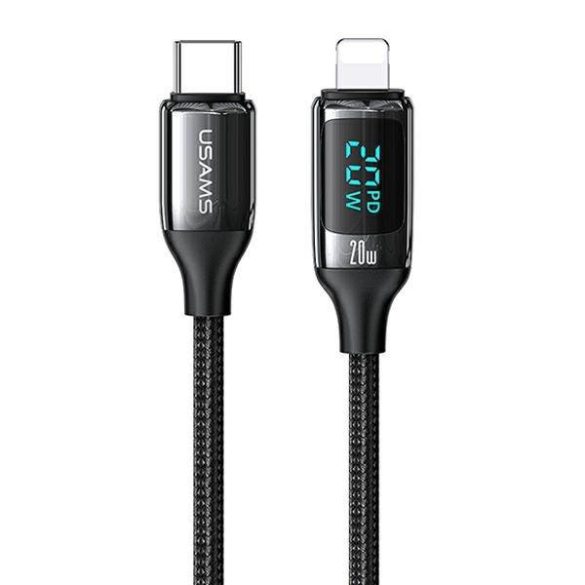 USAMS kábel fonott U78 USB-C - Lightning LED 1.2m 20W PD gyorstöltés fekete SJ545USB01 (US-SJ545)