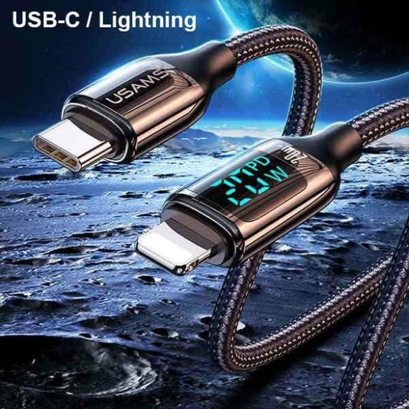 USAMS kábel fonott U78 USB-C - Lightning LED 1.2m 20W PD gyorstöltés fekete SJ545USB01 (US-SJ545)