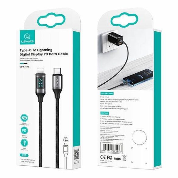 USAMS kábel fonott U78 USB-C - Lightning LED 1.2m 20W PD gyorstöltés fekete SJ545USB01 (US-SJ545)