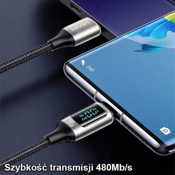 USAMS kábel fonott U78 USB-C - USB-C LED 1.2m 100W gyorstöltés fehér SJ546USB02 (US-SJ546)