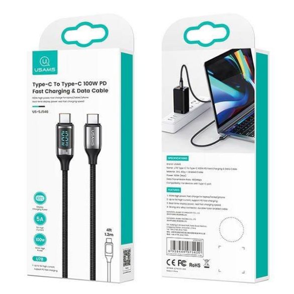 USAMS kábel fonott U78 USB-C - USB-C LED 1.2m 100W gyorstöltés fehér SJ546USB02 (US-SJ546)