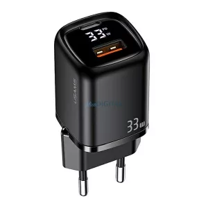 USAMS hálózati töltő 1xUSB-C + 1xUSB T46 33 W (csak a fej) PD3.0 + QC3.0 gyorstöltés fekete CC152TC01 (US-CC152)