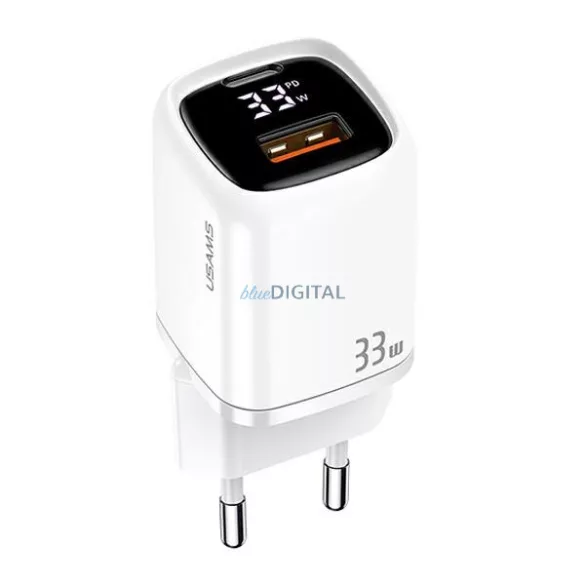 USAMS hálózati töltő 1xUSB-C + 1xUSB T46 33 W (csak a fej) PD 3.0 + QC 3.0 gyorstöltés fehér CC152TC02 (US-CC152)