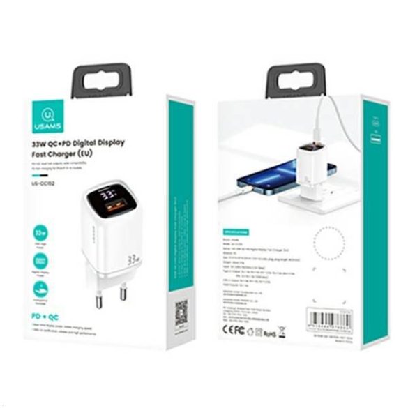 USAMS töltő 1xUSB-C+1xUSB T46 33W (csak fej) PD3.0 +QC3.0 gyorstöltés fehér CC152TC02 (US-CC152)