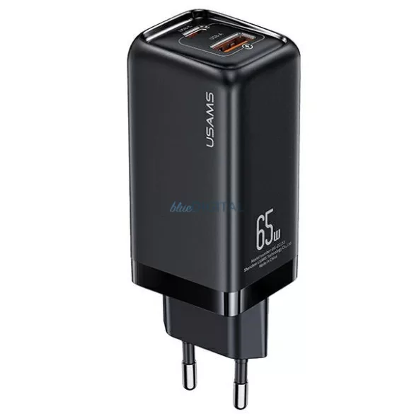 USAMS Hálózati Power Delivery 1xUSB-C+1xUSB T47 65 W (csak a fejrész) PD gyors töltő Super Si fekete/black CC153TC01  (US-CC153)