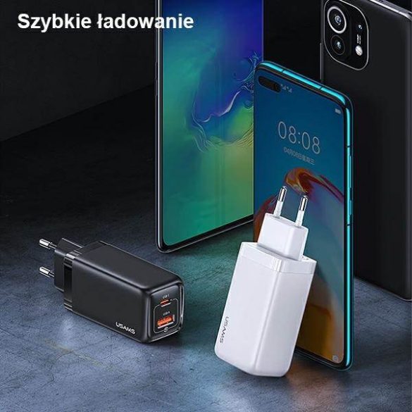 USAMS töltő 1xUSB-C+1xUSB T47 65W PD gyorstöltés Super Si fekete CC153TC01 (US-CC153)