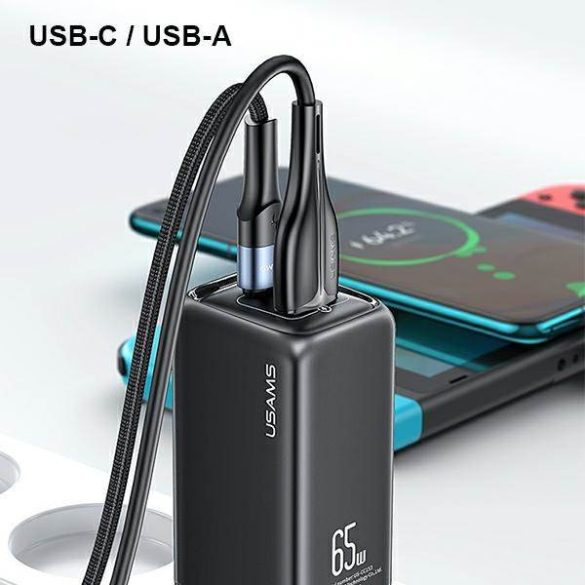 USAMS töltő 1xUSB-C+1xUSB T47 65W PD gyorstöltés Super Si fekete CC153TC01 (US-CC153)