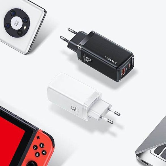 USAMS töltő 1xUSB-C+1xUSB T47 65W PD gyorstöltés Super Si fekete CC153TC01 (US-CC153)