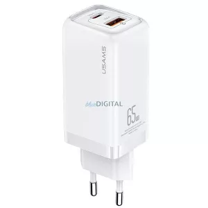 USAMS Hálózati töltő 1xUSB-C+1xUSB T47 65 W (csak a fej) PD gyors töltő Super Si fehér CC153TC02  (US-CC153)
