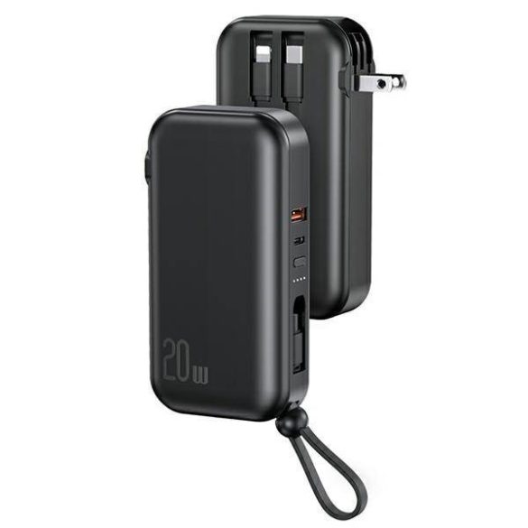 USAMS Powerbank PB63 3 az 1-ben 10000mAh 20W gyorstöltés US+EU dugó + kábelek USB-C/Lightning/MicroUSB fekete