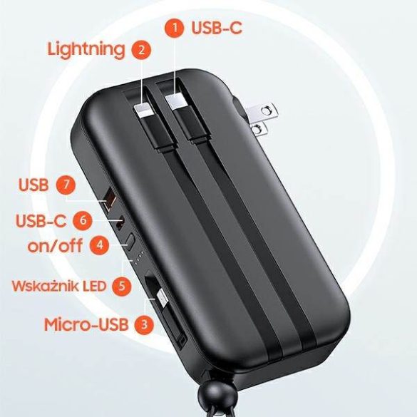 USAMS Powerbank PB63 3 az 1-ben 10000mAh 20W gyorstöltés US+EU dugó + kábelek USB-C/Lightning/MicroUSB fekete