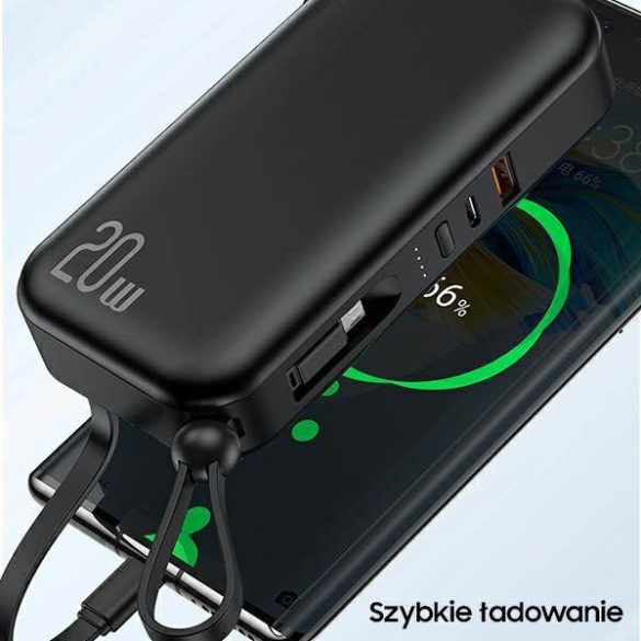 USAMS Powerbank PB63 3 az 1-ben 10000mAh 20W gyorstöltés US+EU dugó + kábelek USB-C/Lightning/MicroUSB fekete