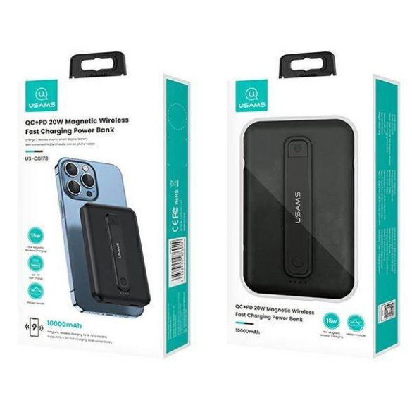 USAMS Powerbank PB64 10000mAh 20W QC3.0+PD mágneses vezeték nélküli gyorstöltés fekete 10KCD17301 (US-CD173)