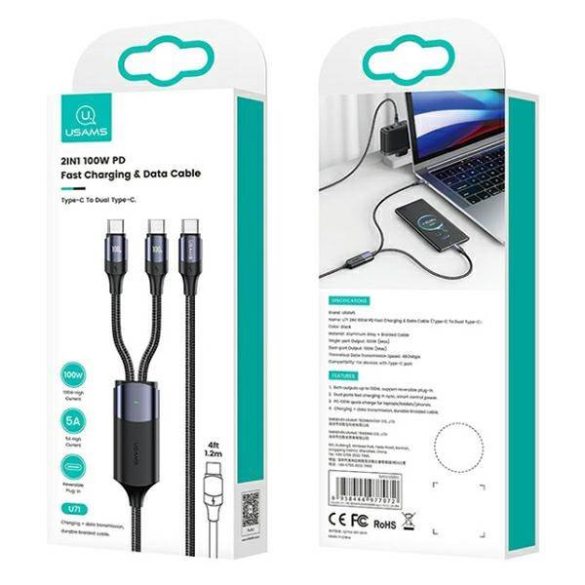 USAMS kábel U71 2xUSB-C - USB-C 1,2m 100W PD gyorstöltés fekete SJ551USB01 (US-SJ551)