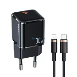   USAMS hálózati töltő 1xUSB-C T45 30WPD3.0 + QC3.0 gyors töltő + U63 USB-C/Lightning kábel, fekete/black UXTZH01 (USAMS-UX)