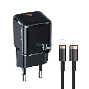USAMS hálózati töltő 1xUSB-C T45 30WPD3.0 + QC3.0 gyors töltő + U63 USB-C/Lightning kábel, fekete/black UXTZH01 (USAMS-UX)