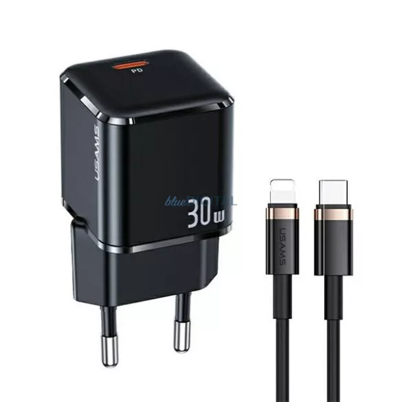 USAMS hálózati töltő 1xUSB-C T45 30WPD3.0 + QC3.0 gyors töltő + U63 USB-C/Lightning kábel, fekete/black UXTZH01 (USAMS-UX)