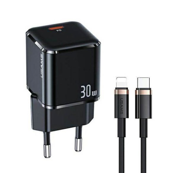 USAMS töltő 1xUSB-C T45 30W PD3.0 gyorstöltés + kábel U63 USB-C/Lightning fekete UXTZH01 (USAMS-UX)