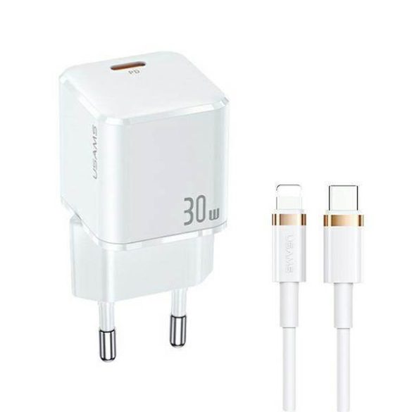 USAMS töltő 1xUSB-C T45 30W PD3.0 gyorstöltés + kábel U63 USB-C/Lightning fehér UXTZH02 (USAMS-UX)