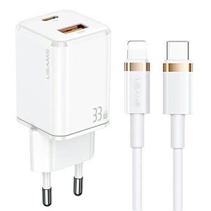 USAMS töltő 1xUSB-C+1xUSB T43 33W PD3.0 +QC3.0 + kábel U63 USB-C - lightning fehér USKTZ02