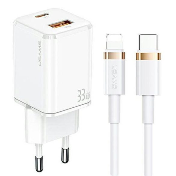 USAMS töltő 1xUSB-C+1xUSB T43 33W PD3.0 +QC3.0 + kábel U63 USB-C - lightning fehér USKTZ02