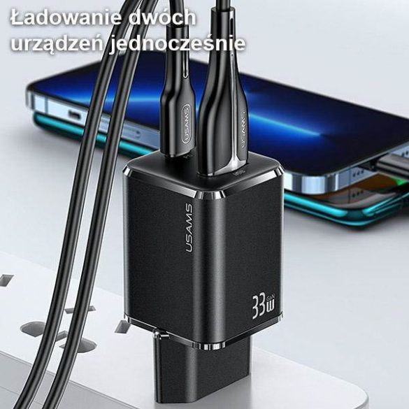 USAMS töltő 1xUSB-C+1xUSB T43 33W PD3.0 +QC3.0 + kábel U63 USB-C - lightning fehér USKTZ02