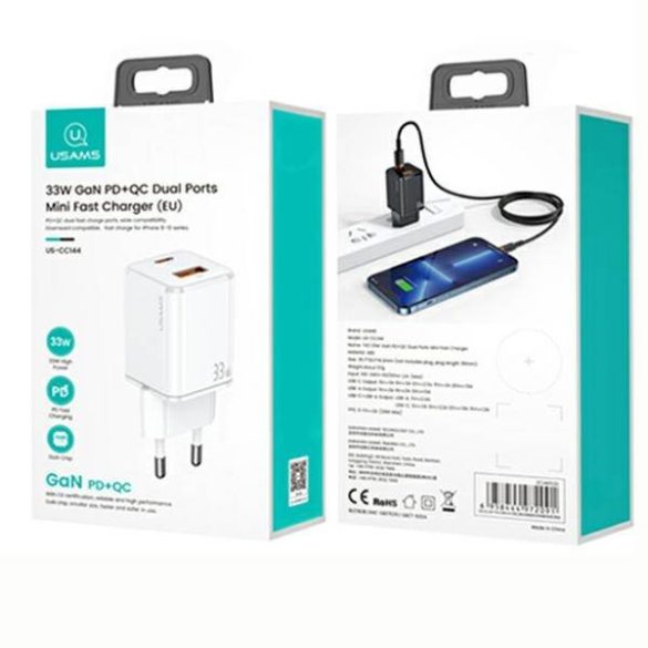 USAMS töltő 1xUSB-C+1xUSB T43 33W PD3.0 +QC3.0 + kábel U63 USB-C - lightning fehér USKTZ02