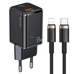   USAMS hálózati töltő 1xUSB-C + 1xUSB T43 33WPD3.0 + QC3.0 + U63 USB-C–Lightning kábel, fekete/black USKTZ01