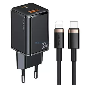 USAMS hálózati töltő 1xUSB-C + 1xUSB T43 33WPD3.0 + QC3.0 + U63 USB-C–Lightning kábel, fekete/black USKTZ01