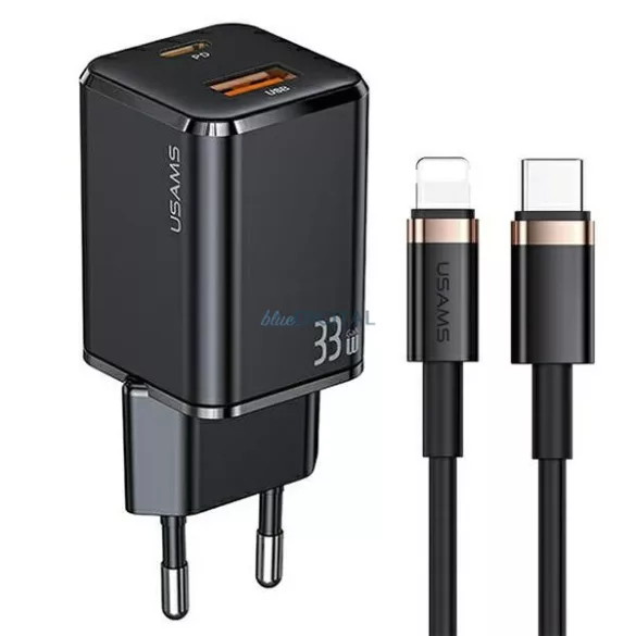 USAMS hálózati töltő 1xUSB-C + 1xUSB T43 33WPD3.0 + QC3.0 + U63 USB-C–Lightning kábel, fekete/black USKTZ01