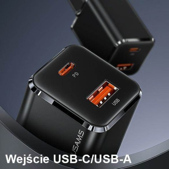 USAMS töltő 1xUSB-C+1xUSB T43 33W PD3.0 +QC3.0 + kábel U63 USB-C - lightning fekete USKTZ01