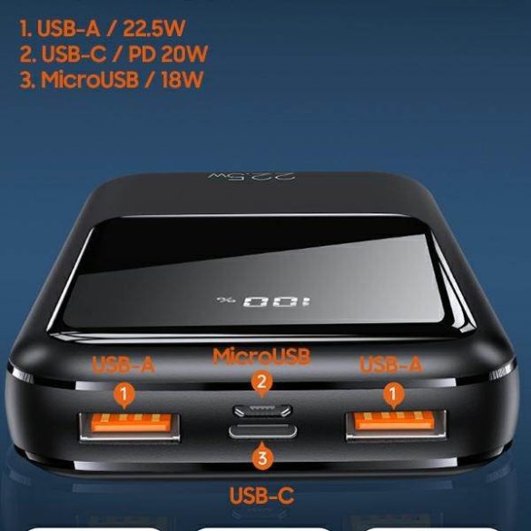 USAMS Powerbank PB58 20000mAh 22.5W Dual QC+PD gyorstöltés fekete 20KCD17701 (US-CD177)