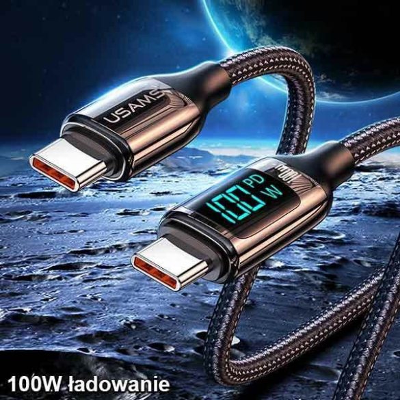 USAMS kábel fonott U78 USB-C - USB-C LED 2m 100W gyorstöltés fekete SJ558USB01 (US-SJ558)