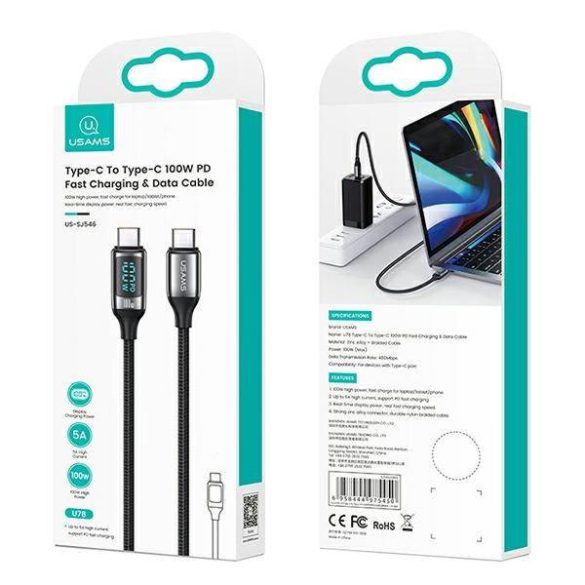 USAMS kábel fonott U78 USB-C - USB-C LED 2m 100W gyorstöltés fekete SJ558USB01 (US-SJ558)